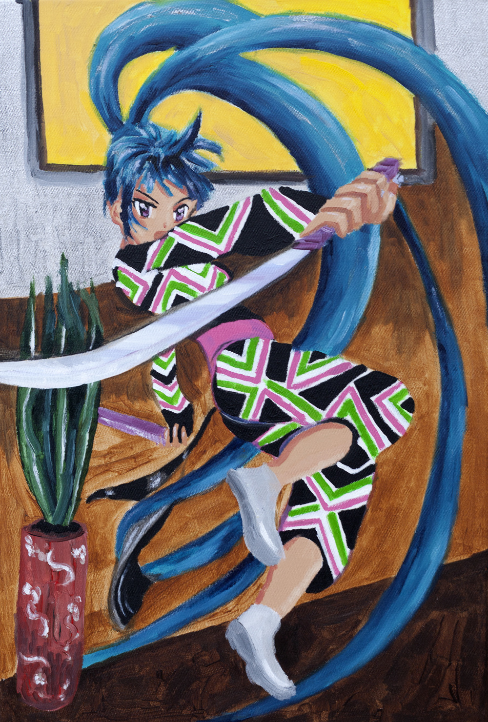 Pintura rectangular con una imagen de una mujer en actitud de lucha con una espada. Realizada por la artista Fátima Pecci Carou
